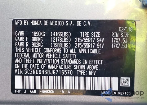 2018 Honda Hr-V Lx z USA, uszkodzony, nr VIN 3CZRU6H38JG716570